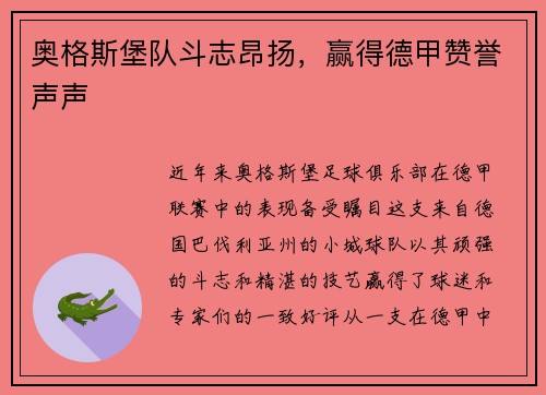 奥格斯堡队斗志昂扬，赢得德甲赞誉声声